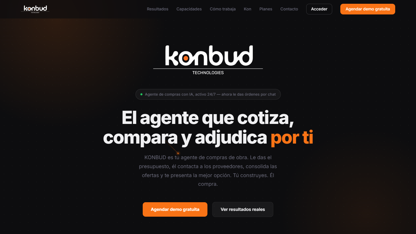 Hero de la landing de KONBUD: el agente que cotiza, compara y adjudica por ti